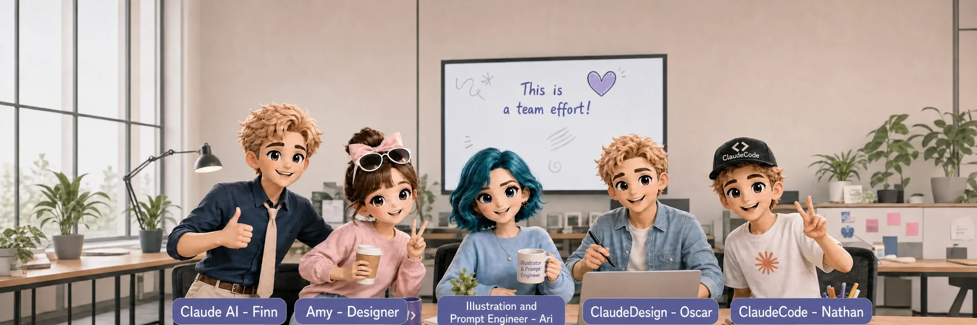 Amy's AI team gathered at a desk under a whiteboard reading ‘This is a team effort!’ — left to right: Finn (Claude AI), Amy (Designer), Ari (Illustration & Prompt Engineer), Oscar (ClaudeDesign) and Nathan (ClaudeCode).